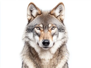 This striking portrait of a wolf highlights its majestic features against a white background. The close-up captures its expressive gaze and powerful presence, making it a stunning wildlife image.