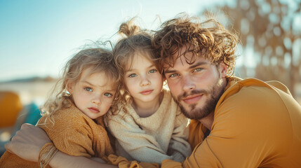 Fototapeta premium heartwarming portrait of a young father embracing his two daughters in a sunlit outdoor setting, capturing love, protection, and the joy of family moments, perfect for family or lifestyle campaigns
