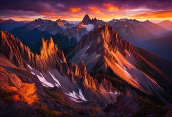 Obraz premium captivating sunrise overview majestic mountain vistas dramatic peaks illuminated warm morning light, adventure, altitude, ascent, dawn, daylight, daytime