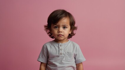 Young boy with wavy shoulder-length hair and serious expression against plain pink background