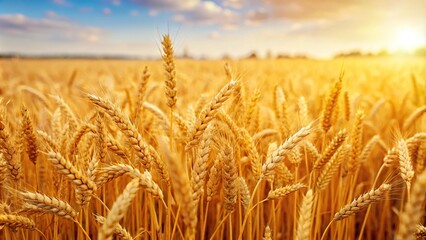 Field of golden wheat ready for harvest in a farm field silhouette
