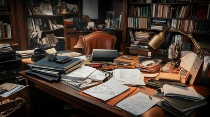A cluttered desk with books, papers, and writing implements in a dimly lit room