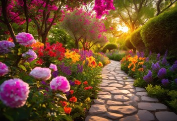 Naklejka premium vibrant lush garden pathway overflowing brightly colored blooms breathtaking flora surrounding serene walking trail, backyard, blossoms, botanic