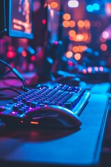 In the background of the monitor with the game, the laptop, computer, keyboard, mouse, headphones are accessories for the gamer