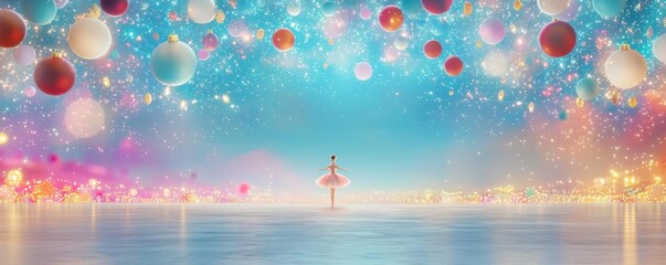 Naklejka premium Experience a festive fusion of ballet and Christmas lights in a captivating eye-level perspective on a vibrant backdrop
