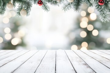 Empty wooden table top with blur background of Christmas. Generative AI.
