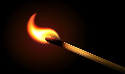 A lit matchstick with a vibrant flame against a dark background, Generative AI