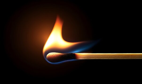 A lit matchstick with a vibrant flame against a dark background, Generative AI