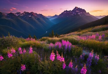 Obraz premium majestic mountain peaks illuminated soft embrace vibrant light, dawn, horizon, nature, sunrise, landscape, clouds, sky, colors, ridge, elevation, terrain