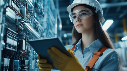 A young, enthusiastic female apprentice, wearing protective gloves and a tool belt, inspects a circuit breaker in a large industrial facility. She consults her tablet, double-check