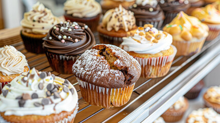 A vibrant display of assorted cupcakes with rich frosting, decorative toppings, and a tempting variety of flavors.
