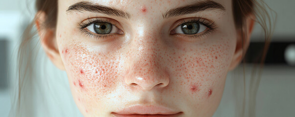 Fototapeta premium Closeup girl face with red pimples, inflammation on face and problem skin. Acne rosacea and couperose therapy. Facial treatment skincare routine and hygiene Cosmetic and beauty banner with copy space
