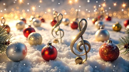 Christmas ornaments and musical notes in the snow with festive lights.