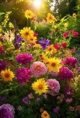 Obraz premium lively arrangement colorful seasonal flowers flourishing green garden setting under bright sunshine, arrangements, backdrops, beautiful, botanical, blooming
