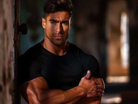 A muscle-bound man with an intense look stands confidently in a stylish setting, exuding strength and determination.
