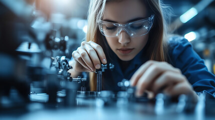 A close-up of a young apprentice's hands as she tightens bolts on an industrial machine. Her focus and precision are evident as she works in a modern factory, surrounded by machine