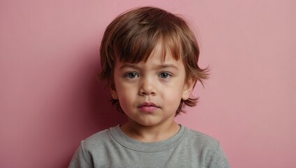 Fototapeta premium Young boy with light skin and dark hair wearing gray top standing against solid-colored background