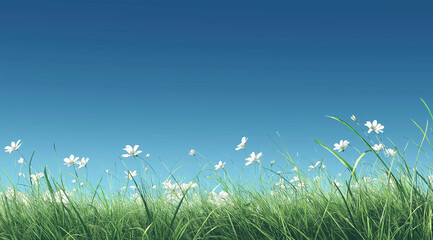 A wide shot of the sky, with a clear blue background and a green grass field in front. The grass is tall, with some white flowers blooming on it. There's no wind, so the long blades of grass should 