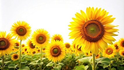 Obraz premium Field of sunflowers with white background Low Angle