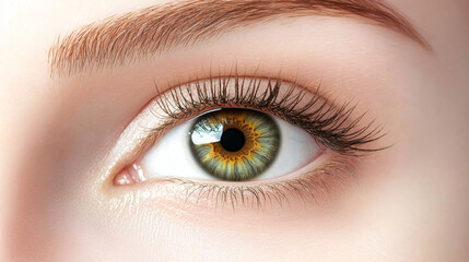 Close up woman eyes. Macro classic volume long eyelash extensions, lamination, correction. Natural beauty or laser vision correction. Skin care, beauty, makeup concept.