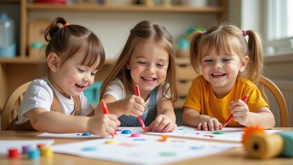 Fototapeta premium Girls are drawing with pencil in classroom learning art, education or students development of creative process. Young child, hands writing or working on paper in kindergarten with pen marker