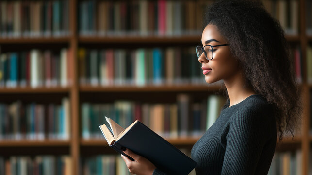 A side profile of a young African American student wearing glasses, completely absorbed in an educational book in a college library. The tall bookshelves behind her and the soft li