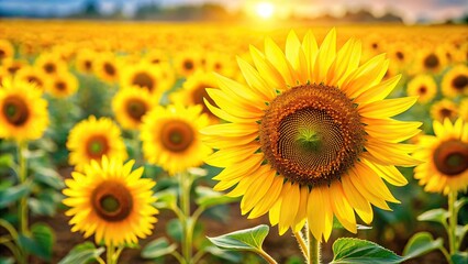 Fototapeta premium Field of vibrant yellow sunflowers close up macro