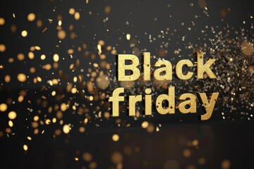 Glittering Black Friday sale banner featuring golden confetti and bold text on a dark background, highlighting premium offers.