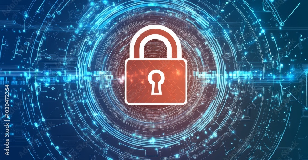 Poster digital security background with a high-tech padlock within a glowing circle of technology, suitable