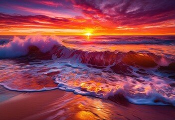 Fototapeta premium breathtaking waves colliding vibrant hues sunrise sunset sky over ocean horizon, beach, landscape, shoreline, reflective, tranquil, twilight, scenery