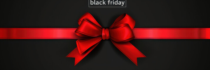 Elegant Black Friday sale banner featuring red ribbons on a dark background, highlighting festive discounts.