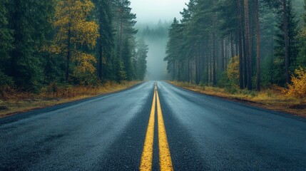Obraz premium Empty Road Through a Misty Forest with Yellow Lines