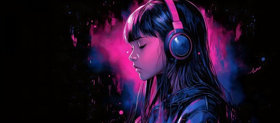 Stylized portrait of a girl listening to music with headphones in a neon-lit, cyberpunk aesthetic
