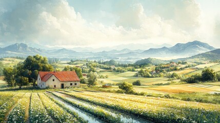 Naklejka premium A quaint farmhouse sits amidst rolling hills and fields of wildflowers under a blue sky with fluffy white clouds.