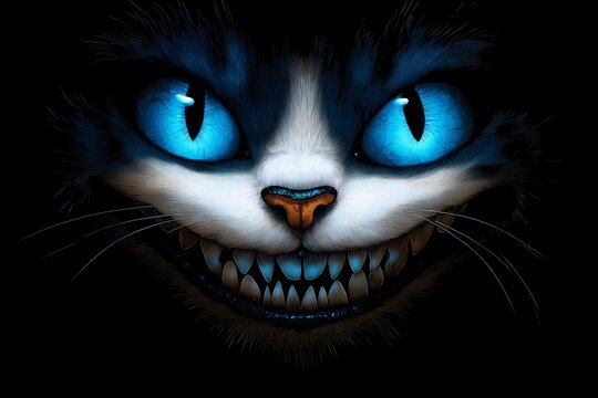 Close-up of a stylized, grinning cat with glowing blue eyes in a dark, fantasy-inspired setting
