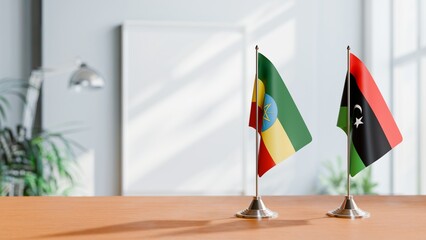 FLAGS OF ETHIOPIA AND LIBYA ON TABLE