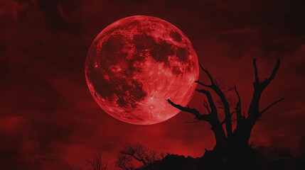 Blood Red Moon in Space: A blood-red moon against a space backdrop, 