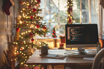 Cozy home office with a computer on the desk, decorated for Christmas with a tree and festive lights.