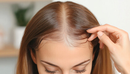 Fototapeta premium Young woman examining her scalp for hair loss