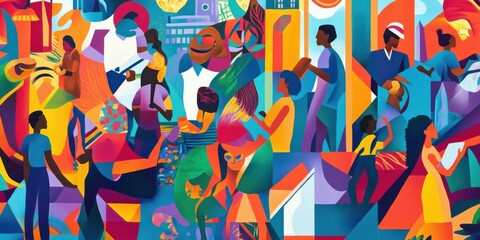 Obraz premium A vibrant mural-style image depicting a community scene with diverse people
