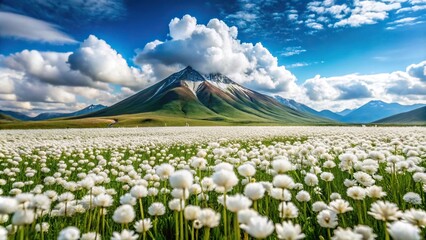 Field of white flowers with mountain and clouds, Close-Up