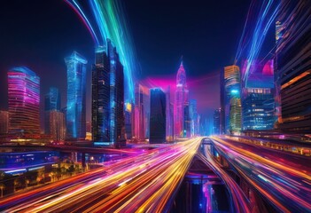 vibrant night cityscape scene featuring dynamic buildings illuminated multicolored light trails exuding urban energy modernity, architecture, business