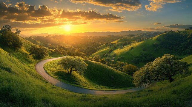 A beautiful countryside scene featuring lush green hills, a winding road, and a breathtaking sunset, ideal for travel and outdoor themes