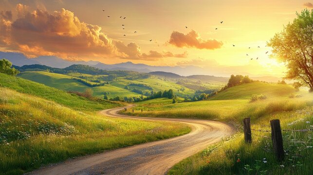 A beautiful countryside scene featuring lush green hills, a winding road, and a breathtaking sunset, ideal for travel and outdoor themes