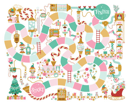 Kids Christmas board game with a fabulous gift and candy factory with funny elves. Snakes and ladders. Vector hand-drawn illustration of mechanisms in retro style.