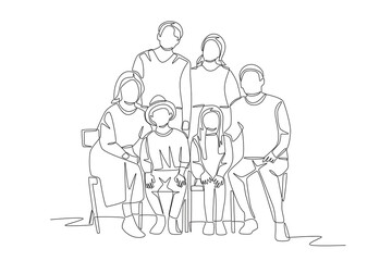 Family posing for photos. Family potrait concept one-line drawing