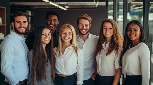 portrait of a group of young, joyful interns in an open office, casual business attire, smiling and interacting with each other, warm light and friendly atmosphere