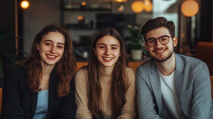 Obraz premium portrait of three cheerful interns in a sleek office, close-up of their smiling faces, warm lighting, friendly and professional atmosphere, modern workspace, casual business attire