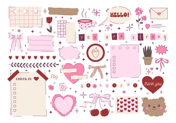 Set of cute coquette stickers for planner and diary. Bow, ribbon, cherry, note, sheet, bear, heart scrapbook elements in girly pink style. Hand drawn journaling clip art. Vector illustration