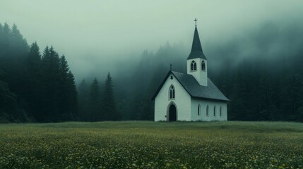 Fototapeta premium A Small Church in a Misty Forest Clearing